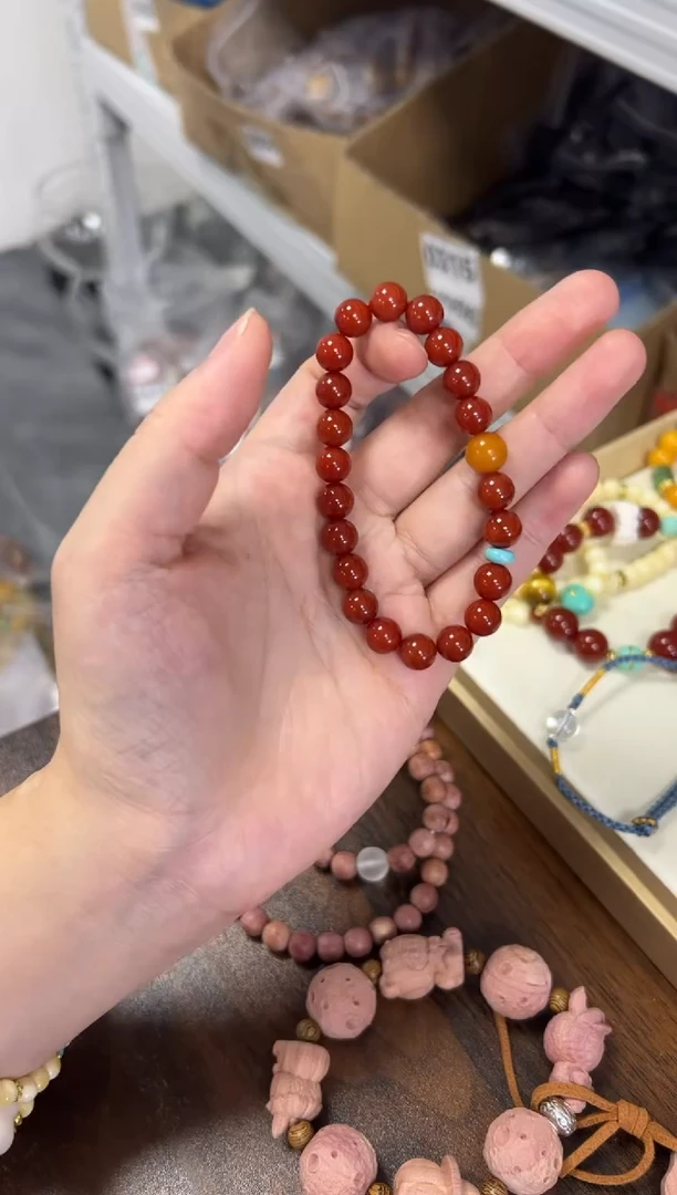 未镶嵌蜜蜡手链柿子红玛瑙蜜蜡顶珠手串8MM[1710]