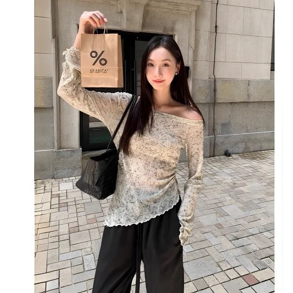 法式不规则下摆修身扎染斜领针织长袖T恤女2025年秋时尚薄款罩衫