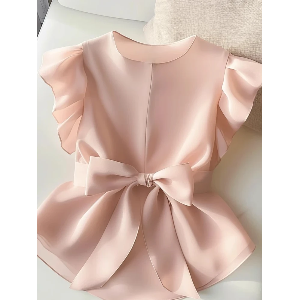 粉色荷叶袖衬衫2025新款女夏季气质高级感法式小众独特别致短上衣