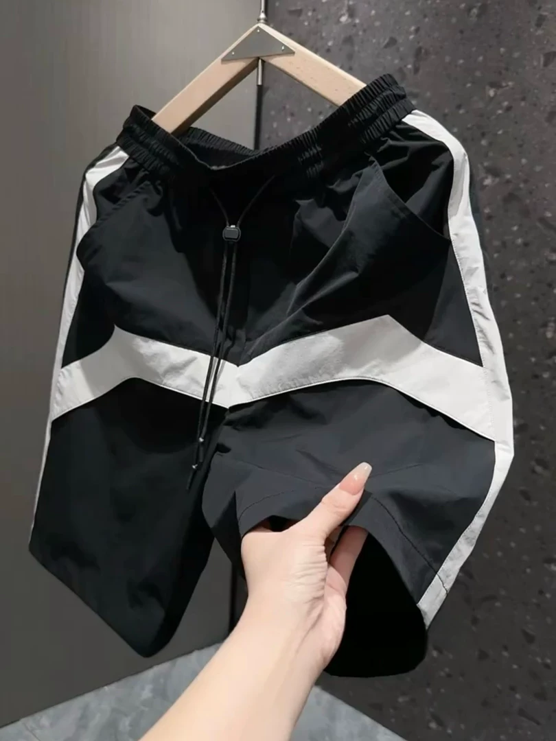 高端夏季新款男士休闲短裤宽松直筒运动速干沙滩裤美式拼色五分裤