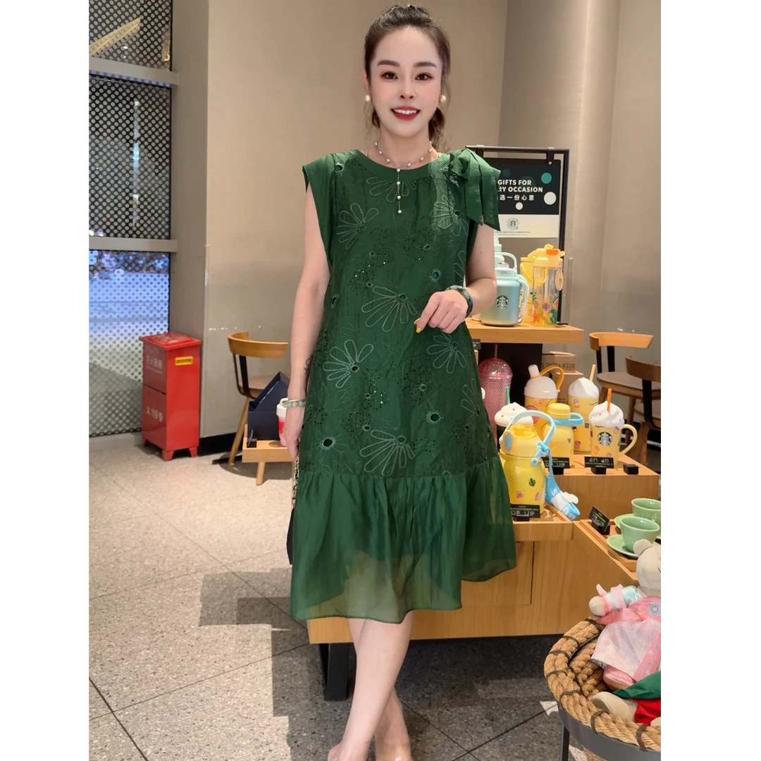 2025夏季设计师款轻奢优雅复古翡翠绿减龄显瘦时尚A字裙B310