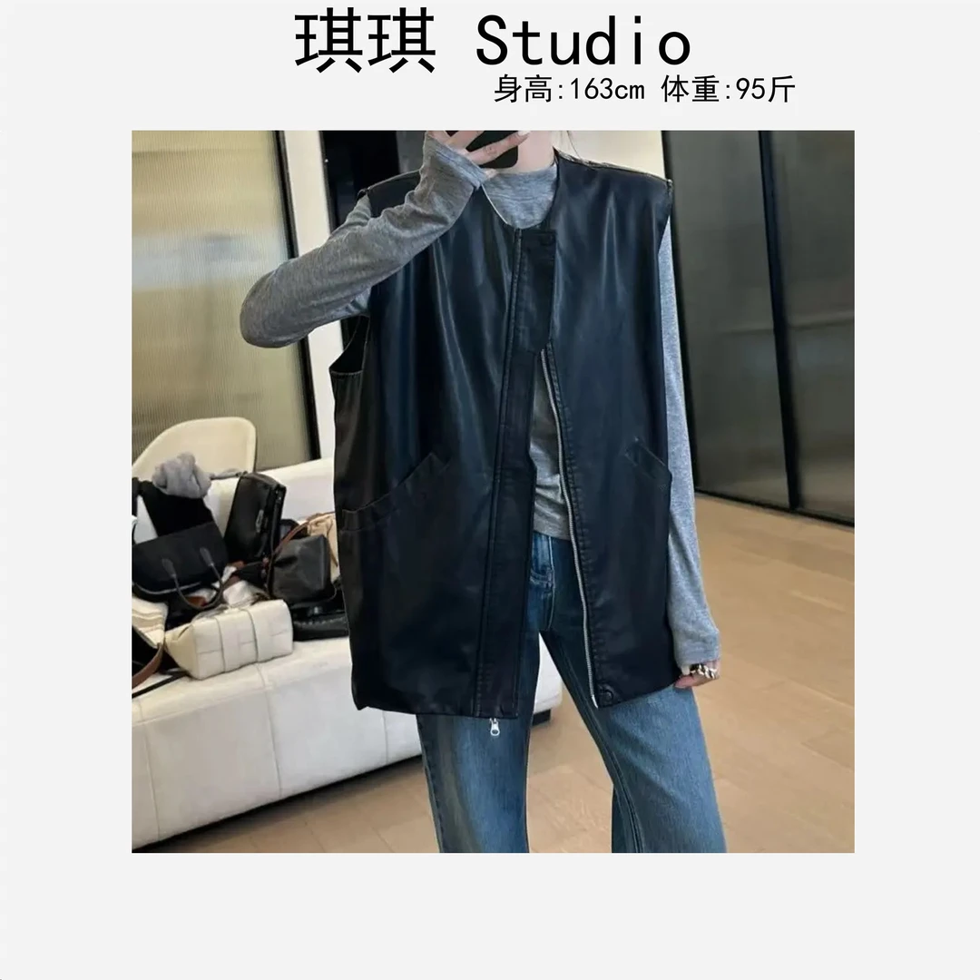 春季新款高品质潮流气质时尚黑色经典拉链显瘦减龄皮马甲1513-B