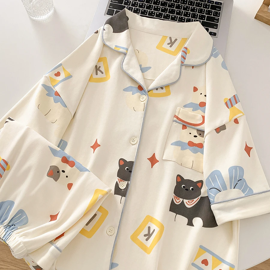 【夏日喵咪】纯棉睡衣女夏季新款短袖短裤可爱风家居服套装可外穿