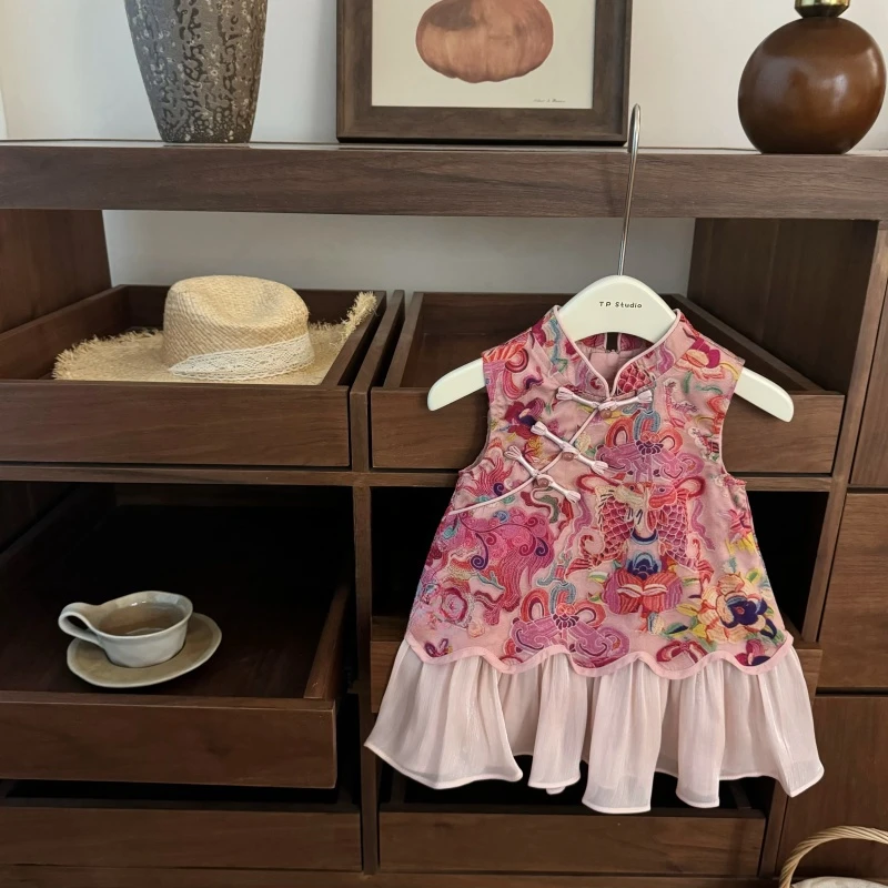 女童新中式国风旗袍背心鱼尾裙2025新款女宝周岁礼服连衣裙夏装潮