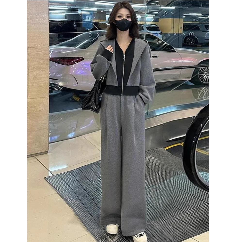 036欧货休闲灰色卫衣套装女2025早春运动风拼接外套阔腿裤两件套
