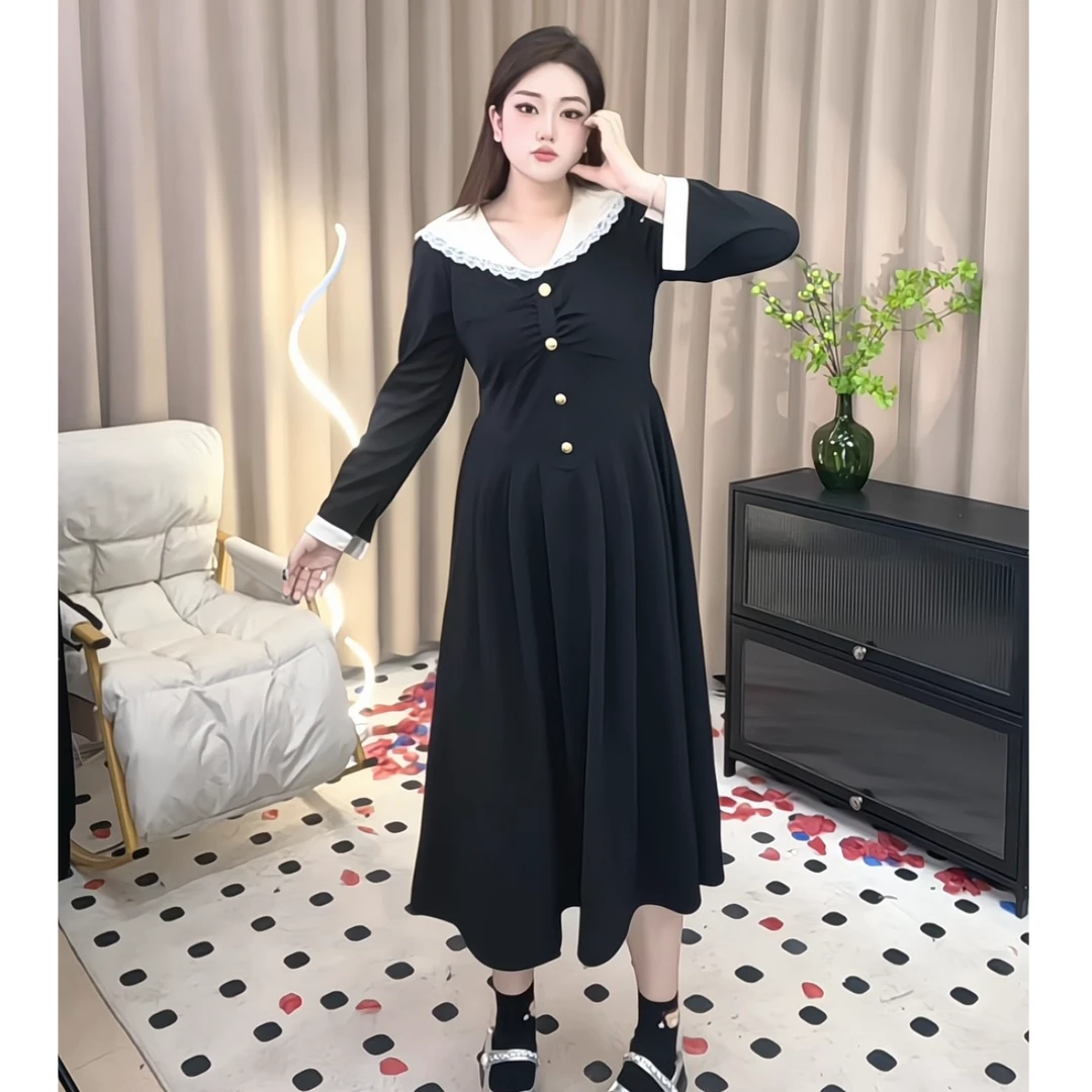 气质显瘦复古法式赫本风时尚连衣裙女秋冬新款收腰海军领长裙013