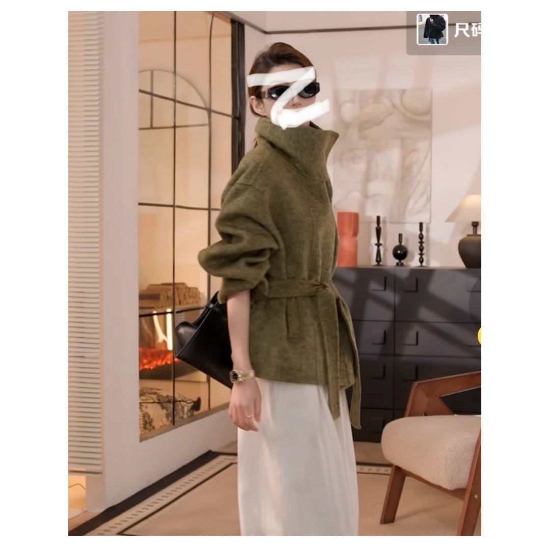 25002-氛围感短款立领双面呢大衣女冬廓形系带收腰羊毛呢外套