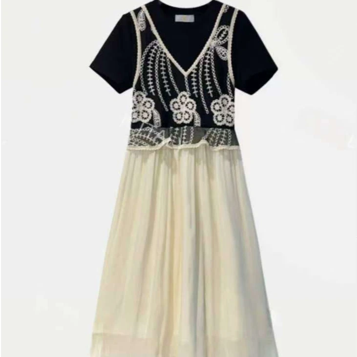 欧货设计感蕾丝假两件拼接短袖连衣裙女2025夏新款气质时尚长裙子