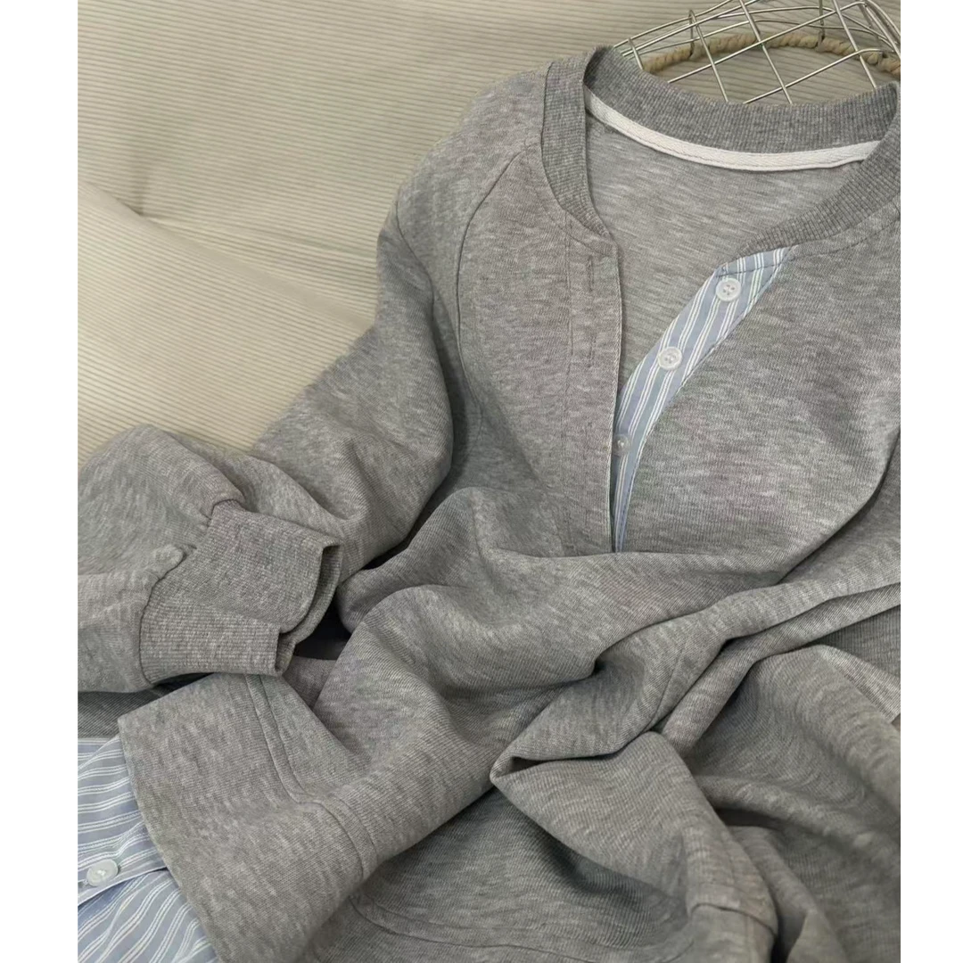 NO退韩代拼接衬衣百搭圆领卫衣