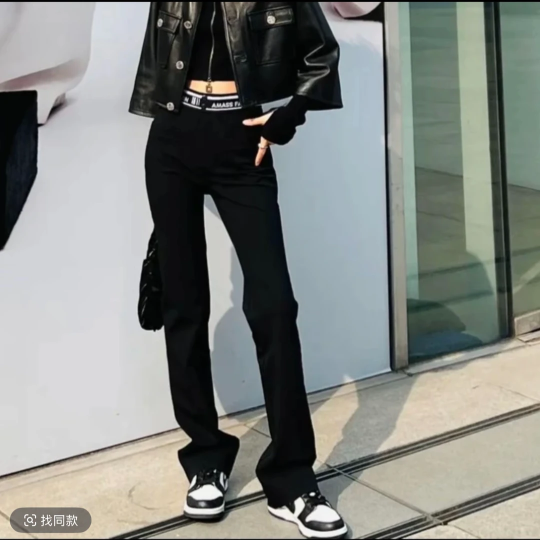 阿玛施/AMASS【超模小黑裤】腰头字母时尚设计感修身微喇裤5100460