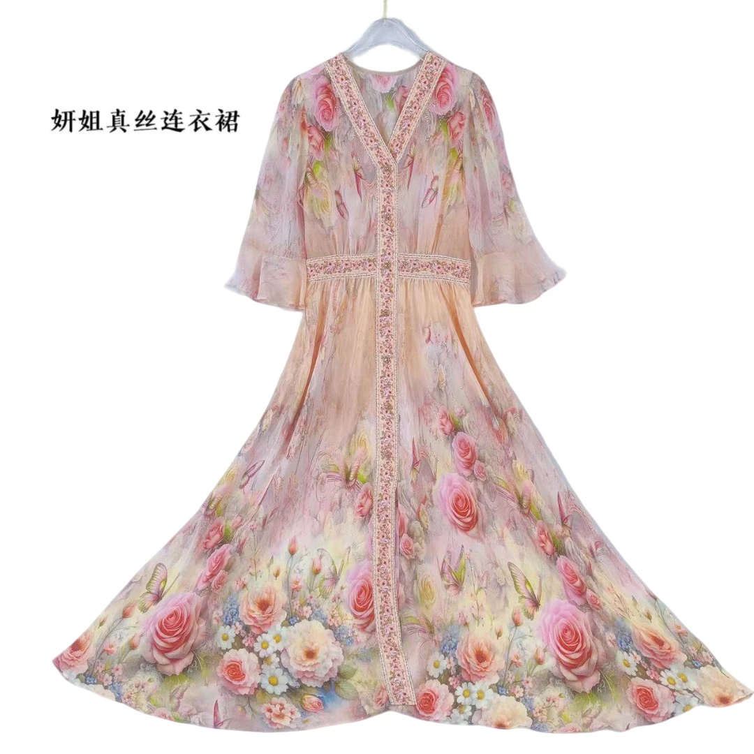真丝连衣裙2025夏季桑蚕丝轻奢印花气质时尚优雅 杏花色 25S8003