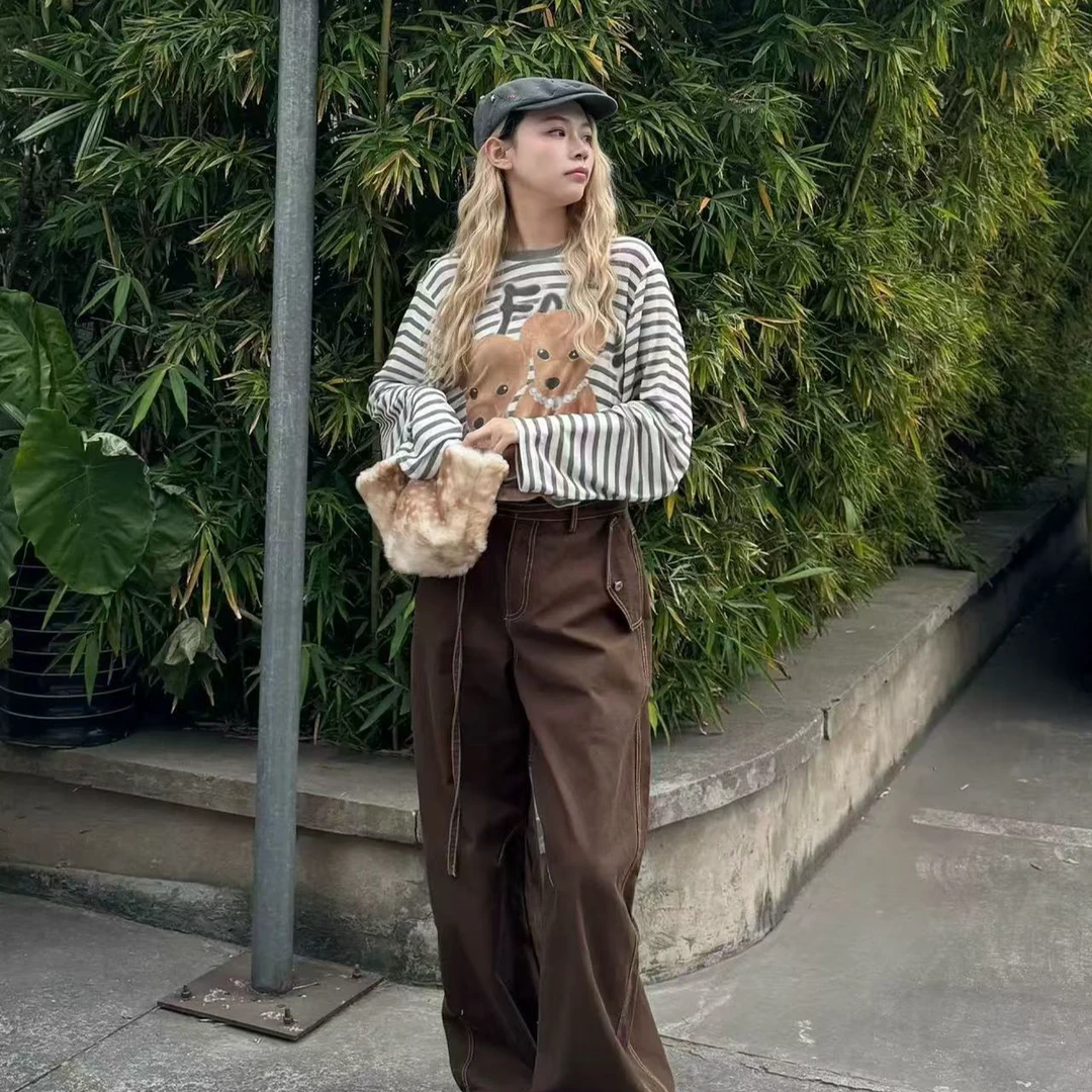 FORDARE 25早春两只小熊做旧条纹T长袖T恤