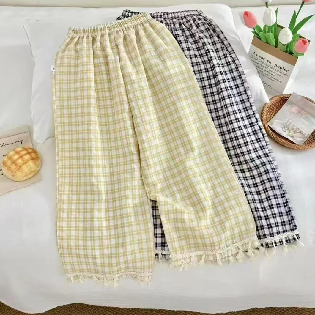 2025新款女童夏季洋气云朵棉格子阔腿裤流苏花边九分裤透气休闲裤