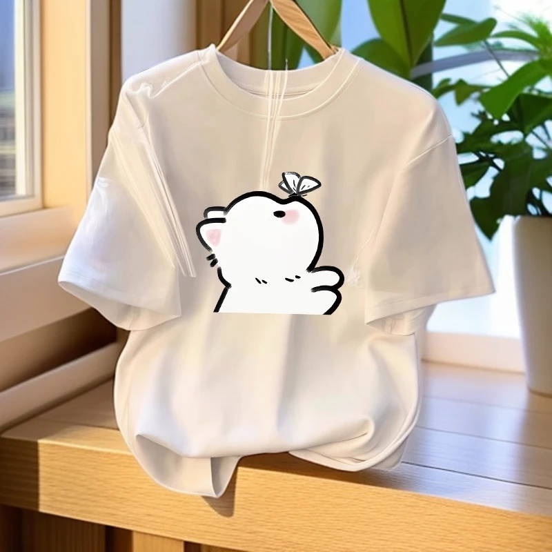 白色t恤女短袖2025新款夏季宽松纯棉猫咪体恤设计感小众半袖上衣