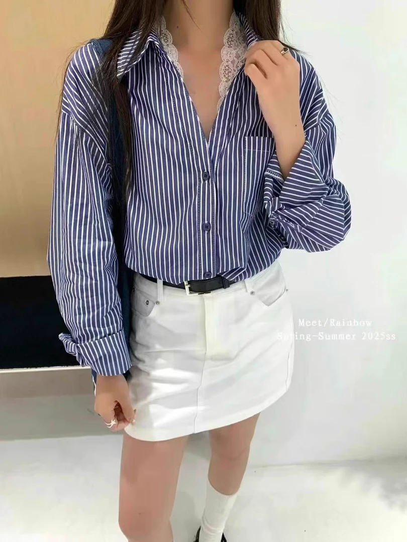 R 1223# 设计感拼接蕾丝花边v领长袖衬衣纯欲风内搭白色衬衫