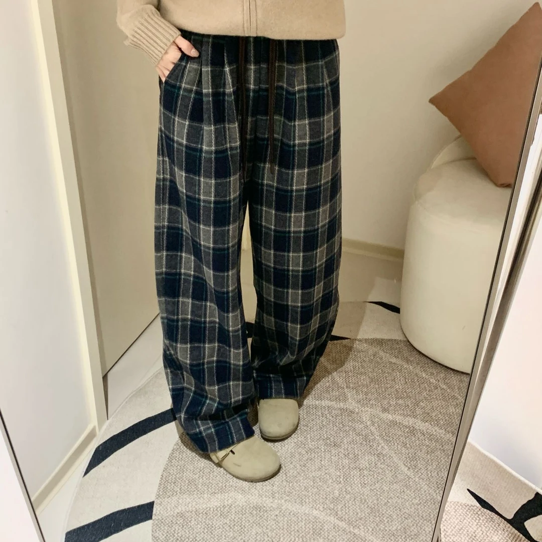 秋冬新款加绒休闲百搭宽松阔腿格子裤86153