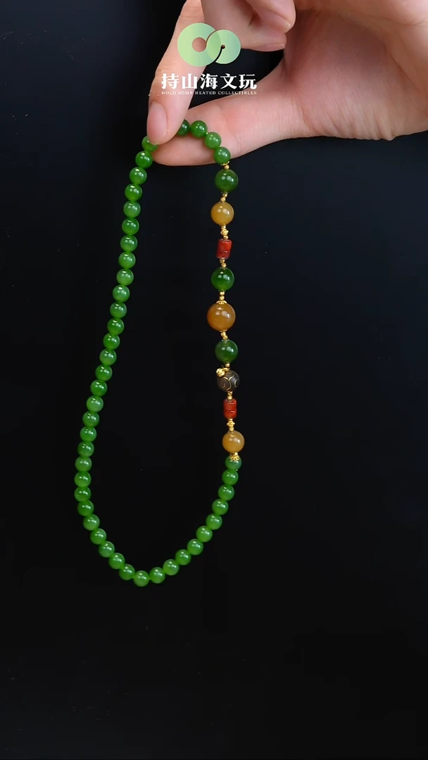 未镶嵌手串和田玉俄罗斯碧玉辣阳绿肉底碧玉6mm双圈1设计款