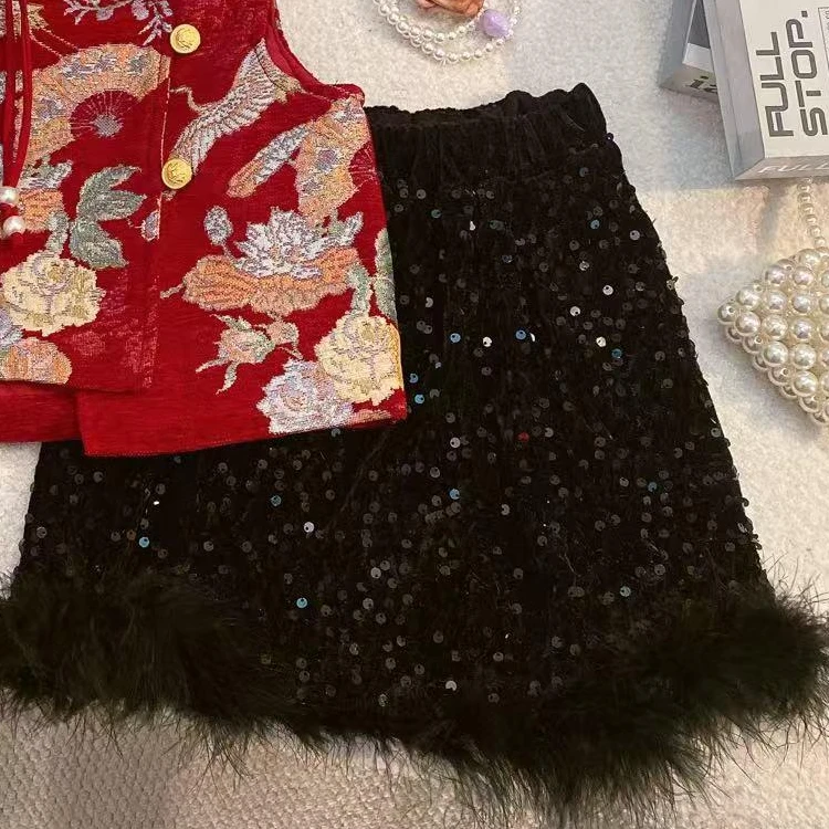 SD冬季裙子加绒加厚新款女童半裙时尚女童亮片裙6517