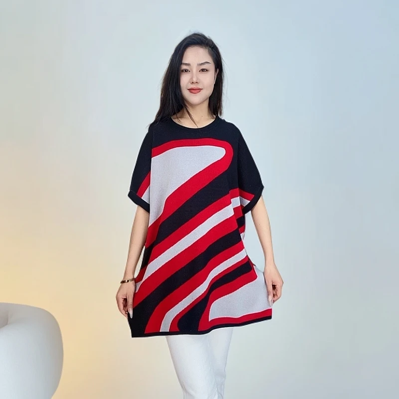 A26号春夏季新款时尚针织条纹宽松中长款百搭连衣裙红色妈妈装