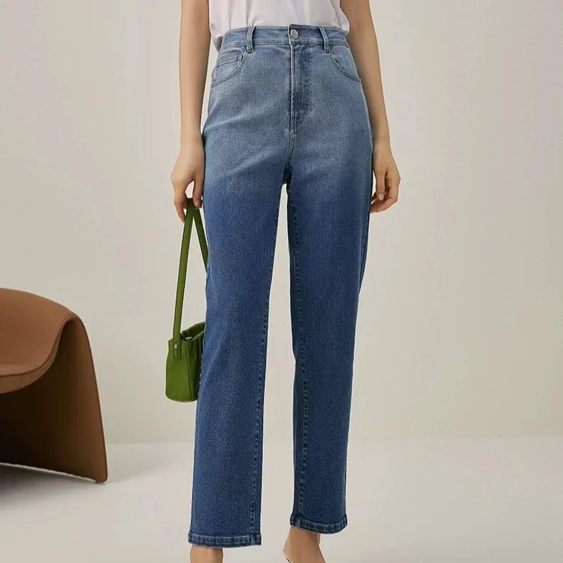 【曼德诗】曼德诗显瘦蓝色高腰时尚百搭宽松修身牛仔裤M103300734