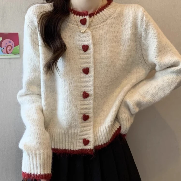 设计感拼色爱心纽扣毛衣开衫外套女春秋季慵懒风宽松软糯针织上衣