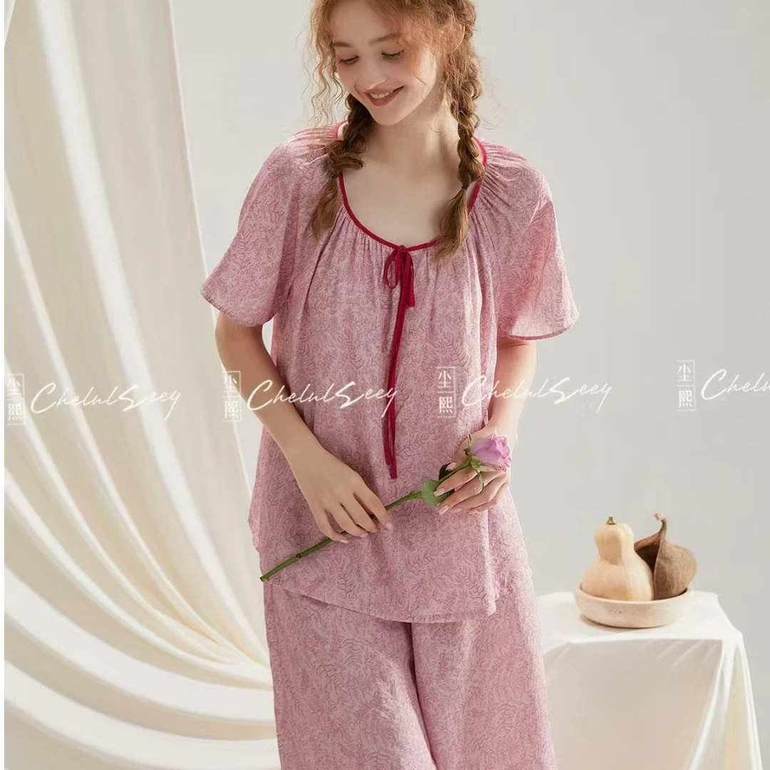 尘熙正品女士天丝麻春夏季套装短袖长裤家居服睡衣公主风美背甜美