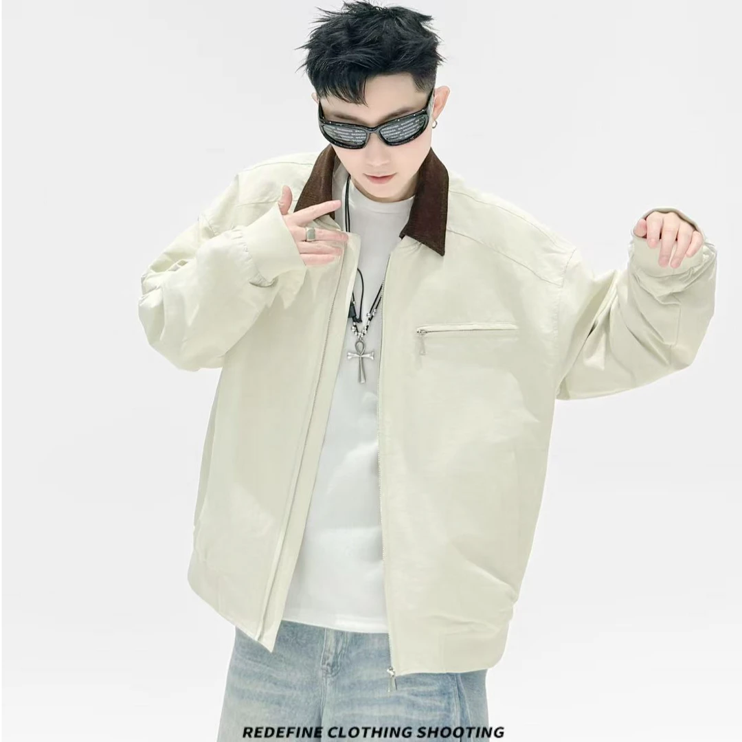 2025春季街头复古着巴恩风男工装薄外套翻领拉链夹克情侣开衫潮