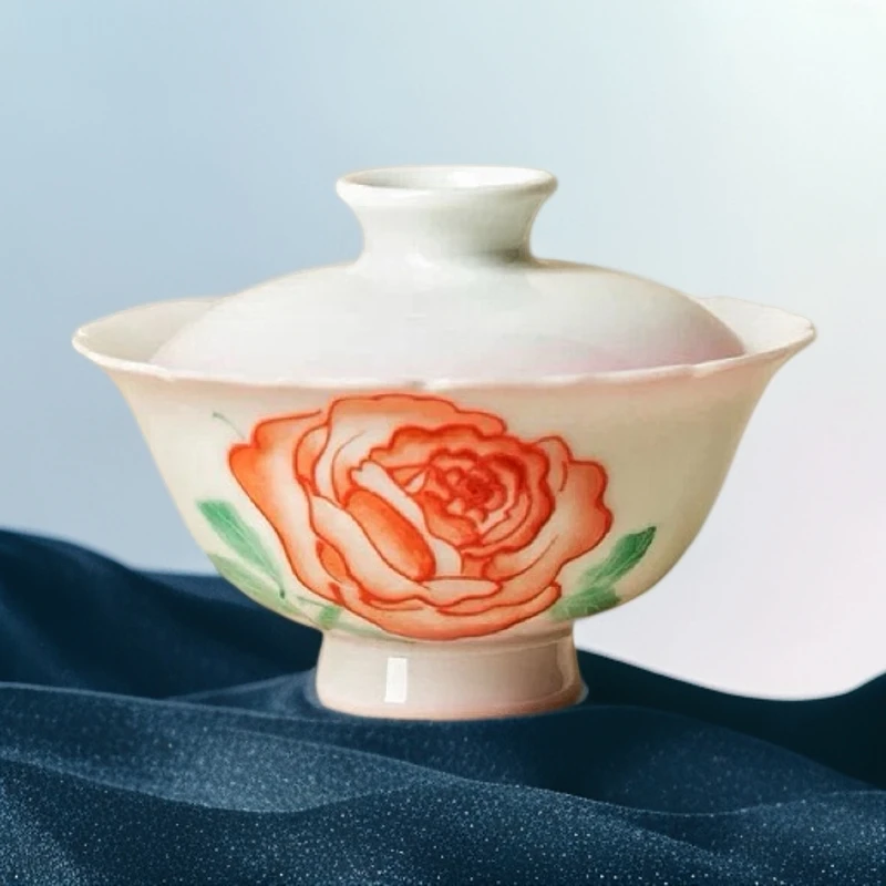 515纯手工手绘釉下彩有田烧玫瑰花2才盖碗