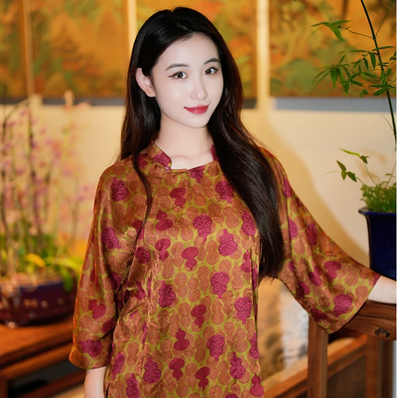 蓝大【栀晓】新中式桑蚕丝七分袖上衣7963