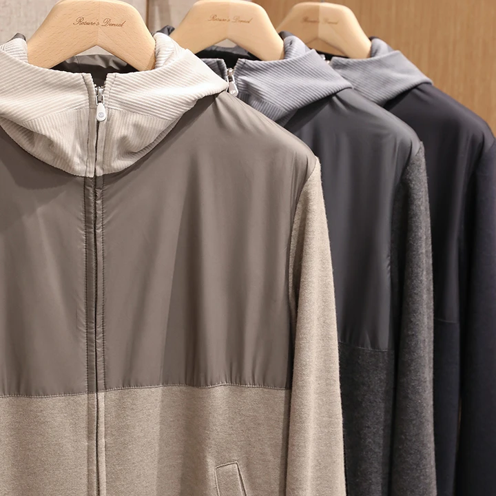 茵特拿蒂春秋款低调优雅设计感拼接男士秋冬羊毛针织休闲连帽外套