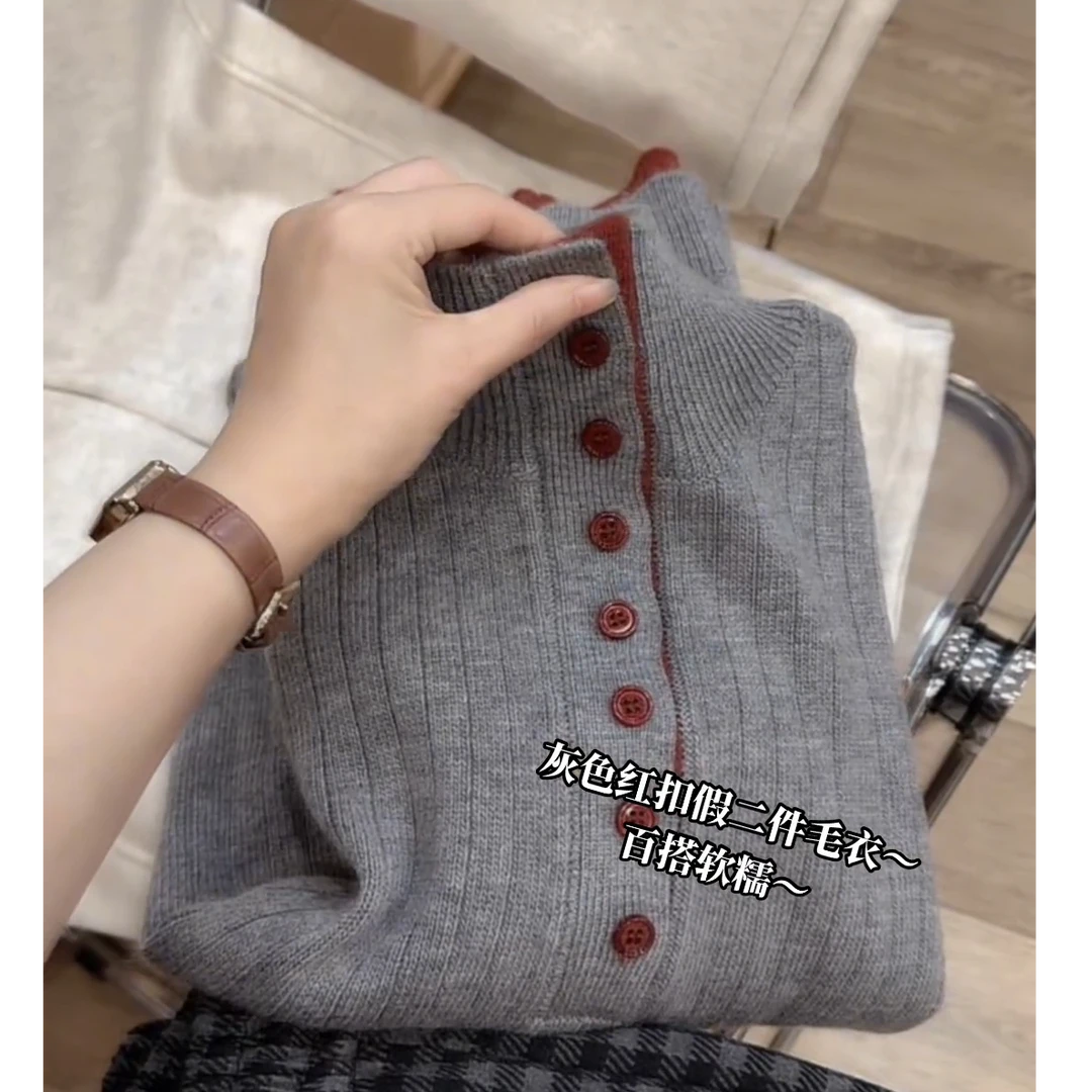 半高领红扣假两件毛衣女2025秋冬新款纯色长袖气质减龄百搭针织衫