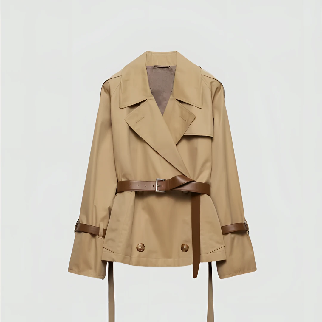 时尚2025春秋新款三角徽标卡其色双排扣腰带短款风衣外套女202501