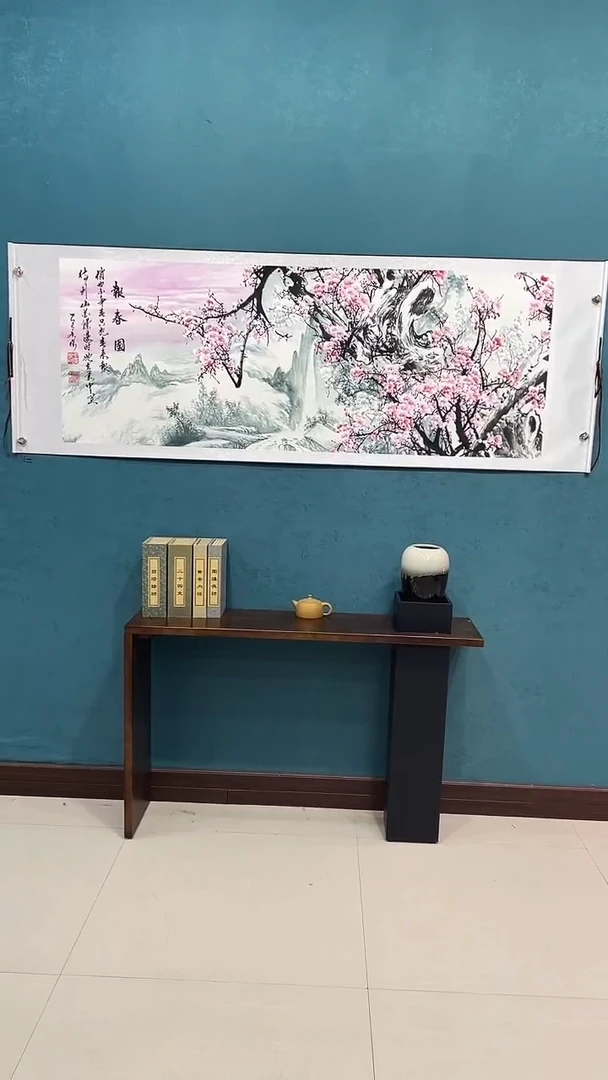 国画《报春图横幅粉色梅花》70*200厘米卷轴软裱