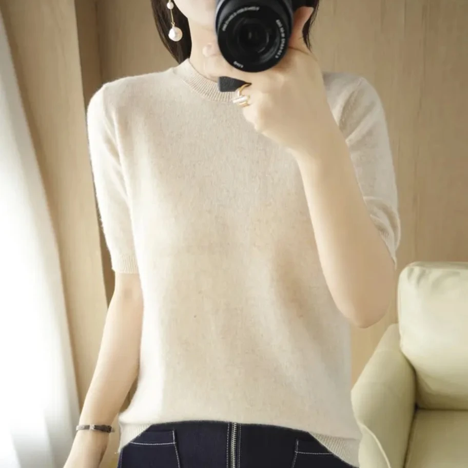 春夏圆领显瘦短袖毛衣女宽松韩版半袖针织打底衫百搭8888