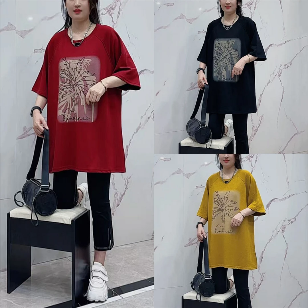 夏季时尚休闲减龄百搭开叉宽松短袖宽松显瘦中长款圆领T恤