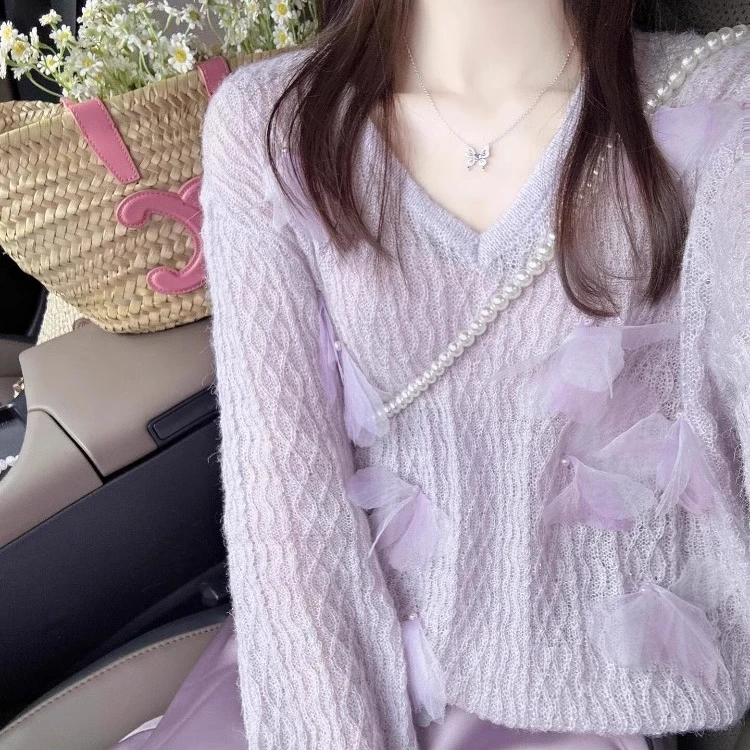 紫色缕空立体花朵长袖罩衫女2025新款初春穿搭薄款v领针织衫上衣