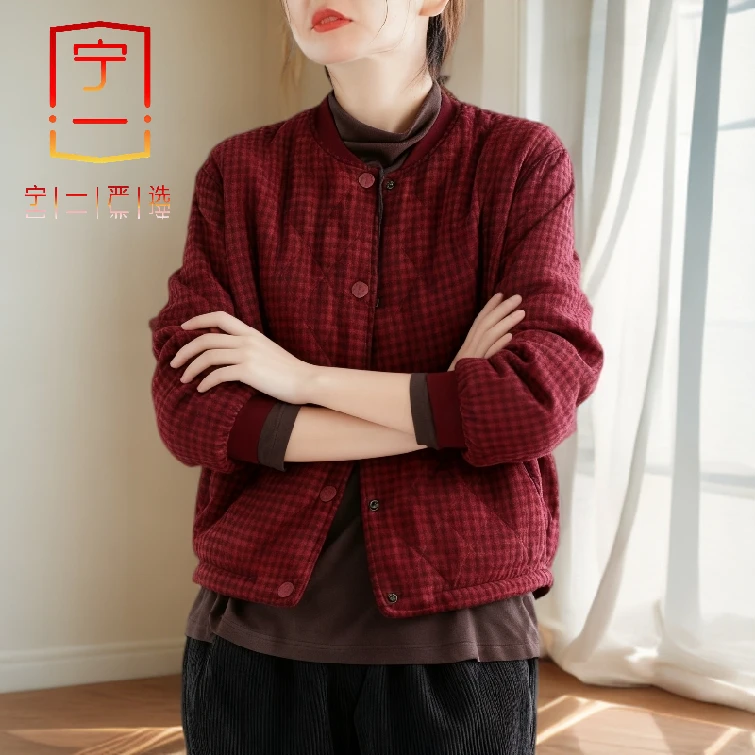 【宁一女装】时尚百搭休闲秋冬外套宽松复古小格子百搭夹棉短款上衣
