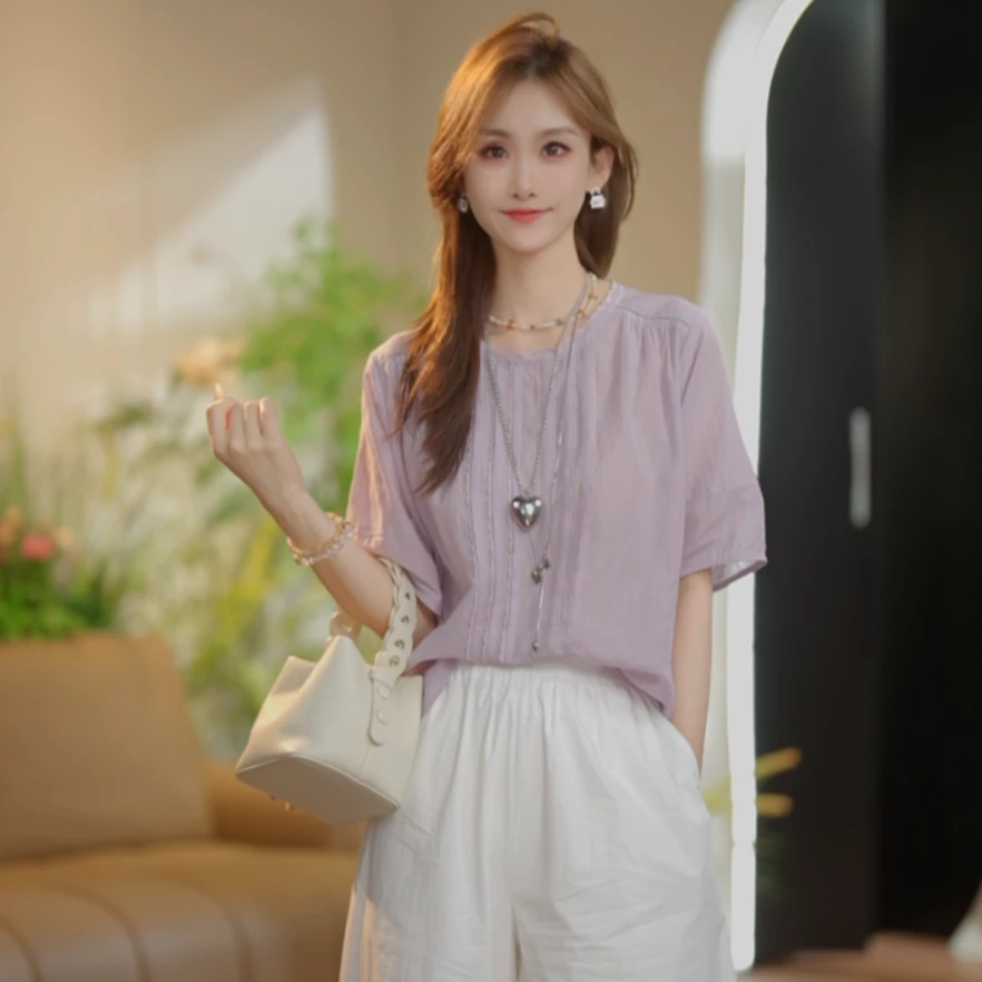 【Shaw Eleven】2025夏女装法式短袖圆领精致绣花上衣衬衫TY1558