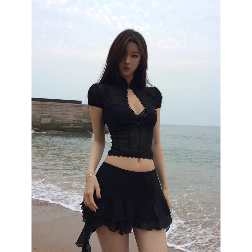 纯欲热辣妹风性感网纱蕾丝衫女夏设计感透视泡泡袖新中式短款上衣