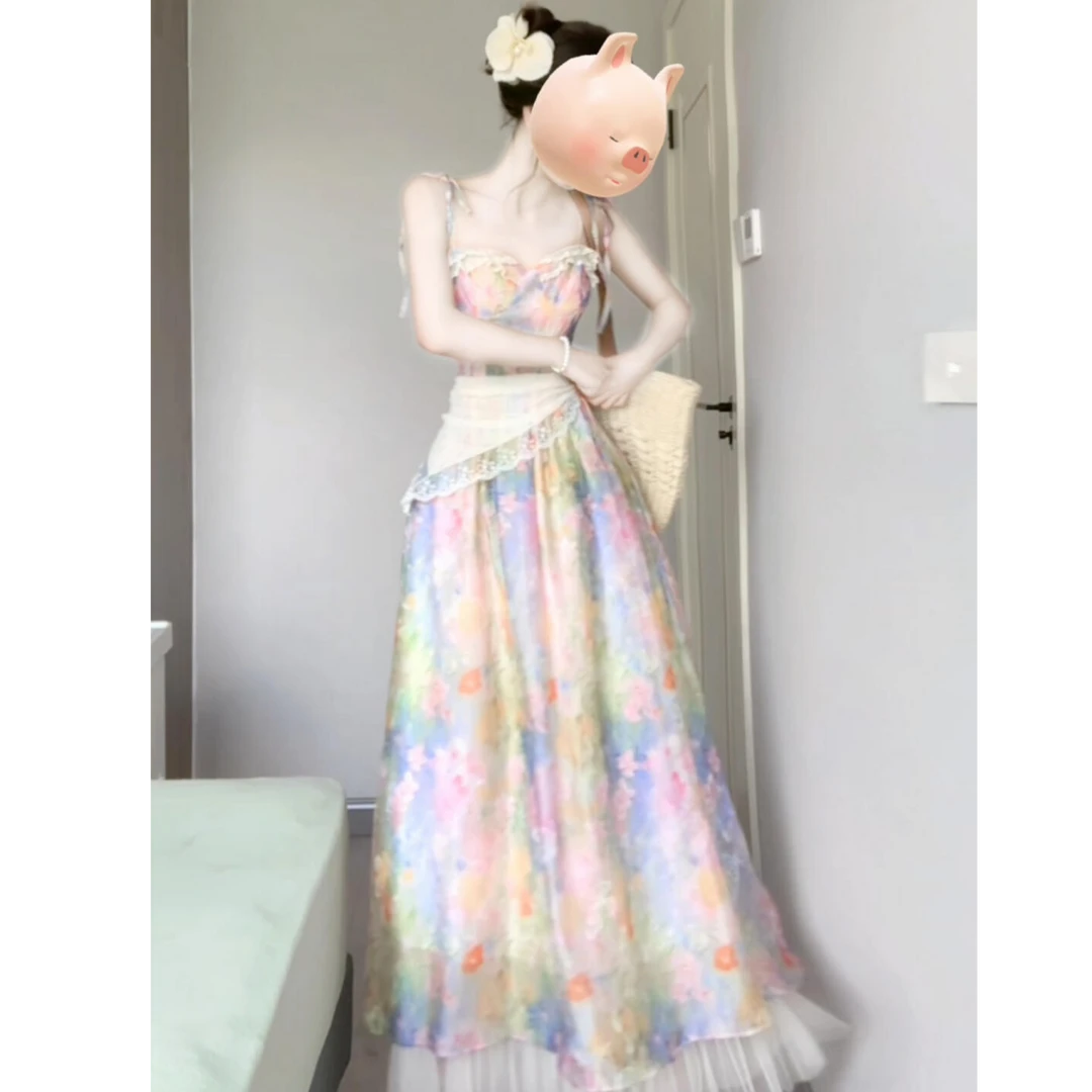 2025春季新款法式沙滩度假风超好看绝美晕染碎花超仙吊带连衣长裙