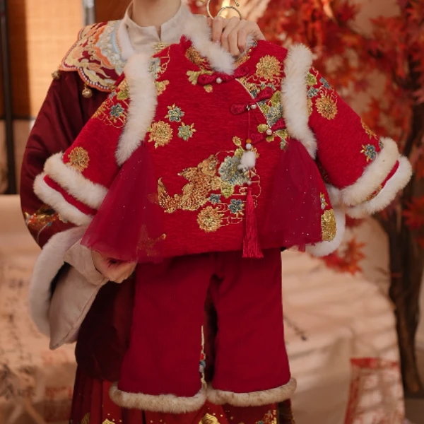 女童装汉服冬装套装儿童加厚加绒喜庆红色中国风冬季女宝宝拜年服