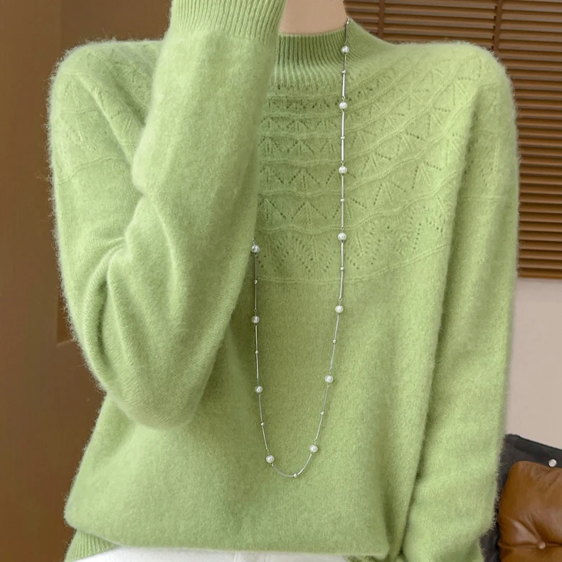 一线成衣半高领打底衫长袖针织衫宽松百搭好看镂空