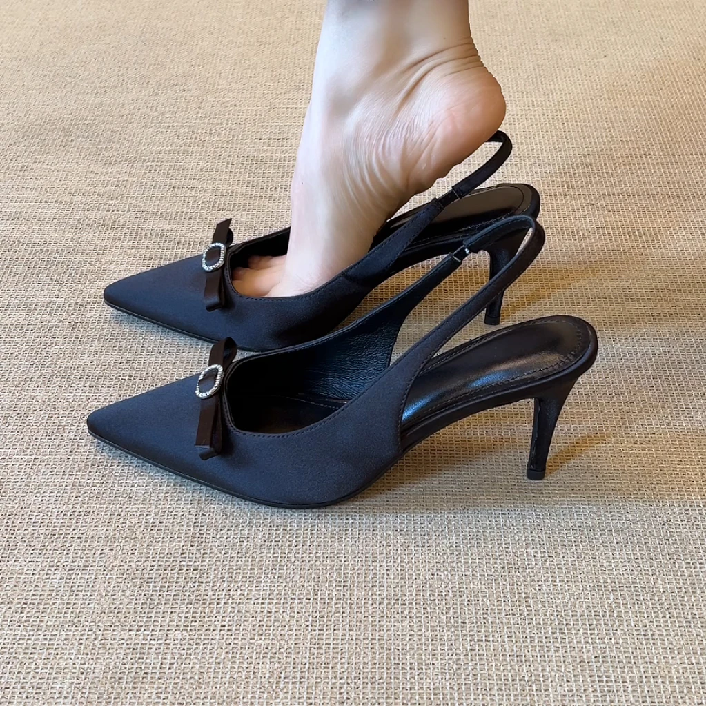 RubyL/8cm绝美时尚优雅蝴蝶结水钻后绊带尖头细高跟包头凉鞋女款