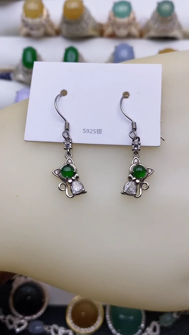 翡翠银S925镶嵌耳饰8900