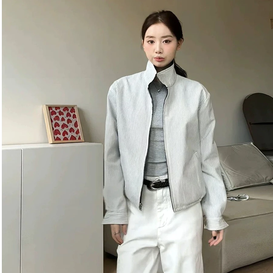 港风条纹翻领双面穿夹克外套女2025春秋款复古宽松休闲百搭女装