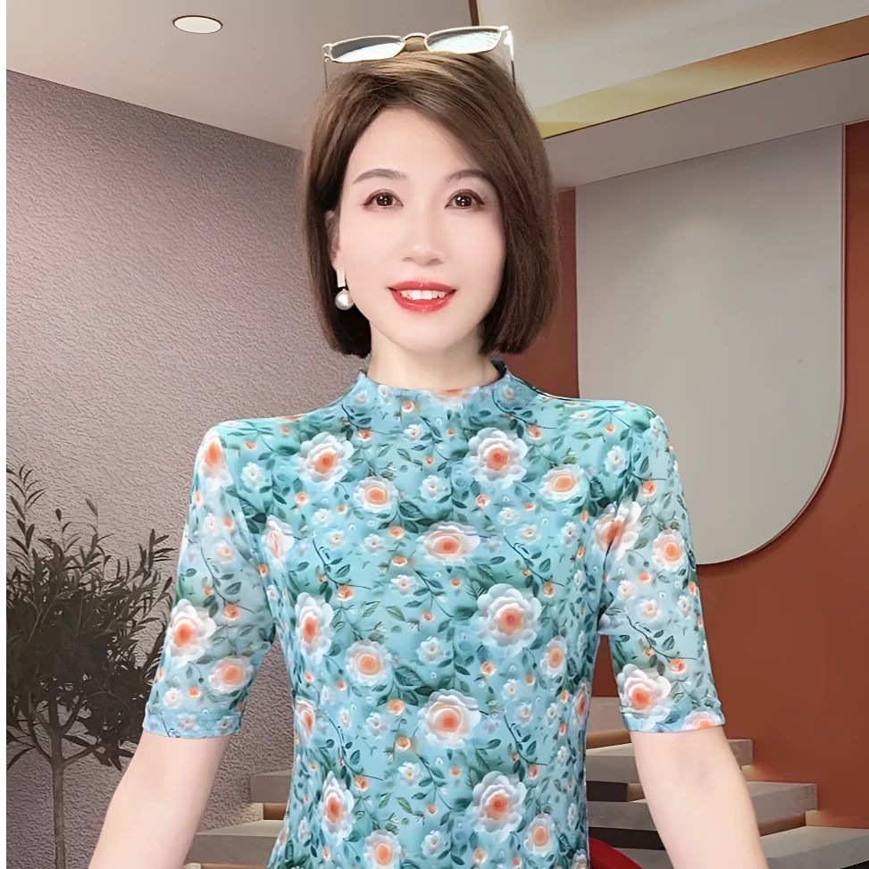 网纱碎花2025春夏季立领打底衫女修身显瘦五分袖t恤网纱上衣小衫t