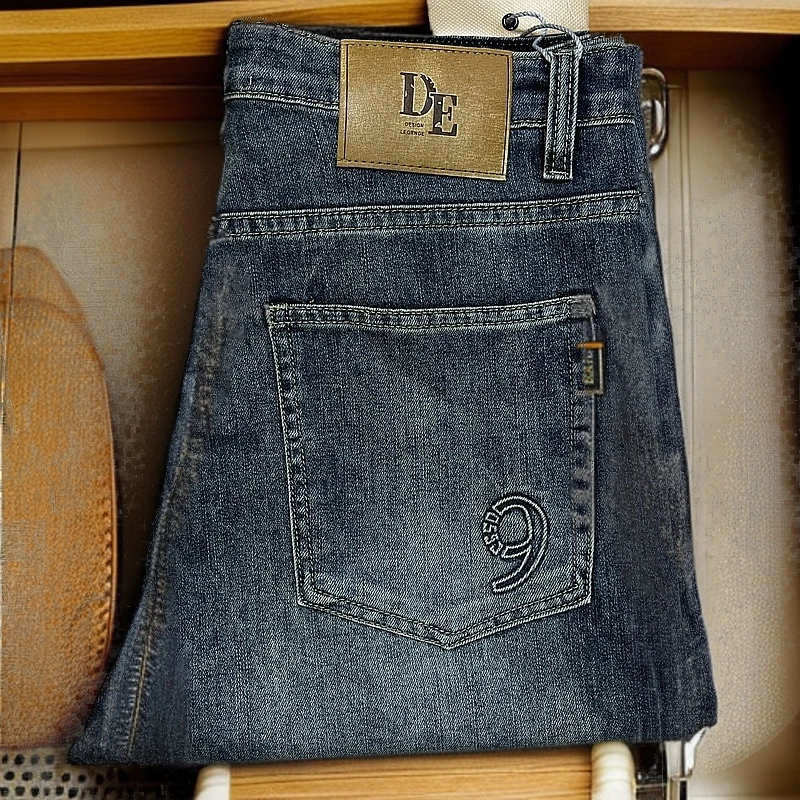 多口袋水洗春夏时尚裤子高腰弹力猫须休闲男装直筒牛仔裤长裤
