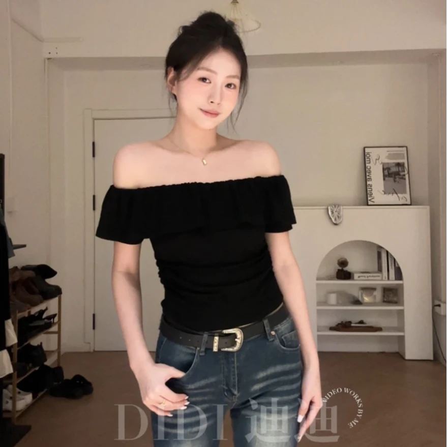 一字肩荷叶边显瘦气质褶皱短袖性感夏季女上衣设计感