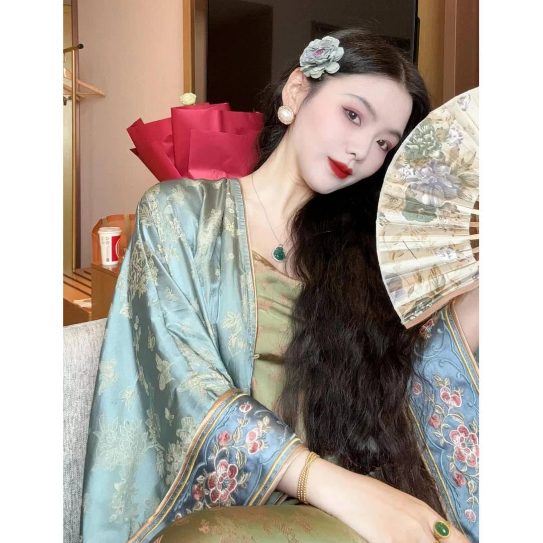 画报夫人原创自制高级新中式人丝提花富贵外套套装 蓝锁情