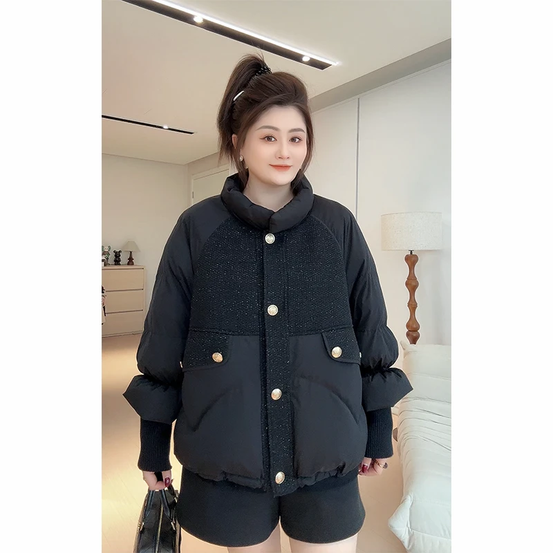 【胖佳佳】黑金游戏 粗花呢小香拼接棉服外套气质百搭H624H18352